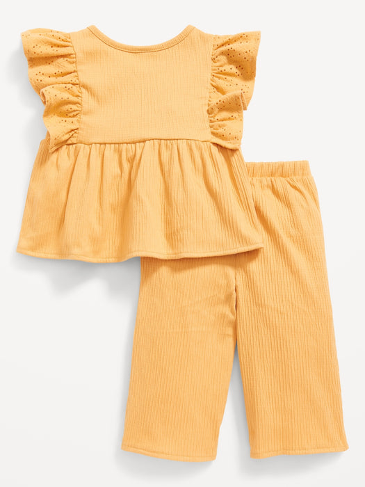 Sleeveless Ruffle & Eyelet-Trim Top & Wide-Leg Pants Set for Baby