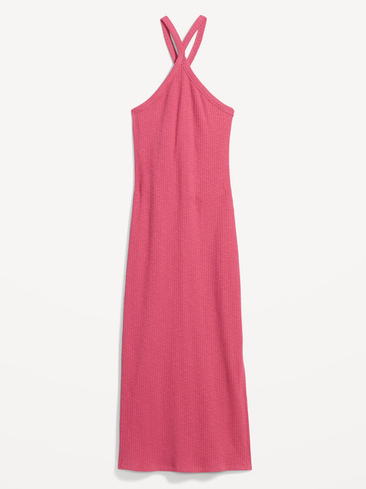 Fitted Rib-Knit Halter Midi Dress for Women