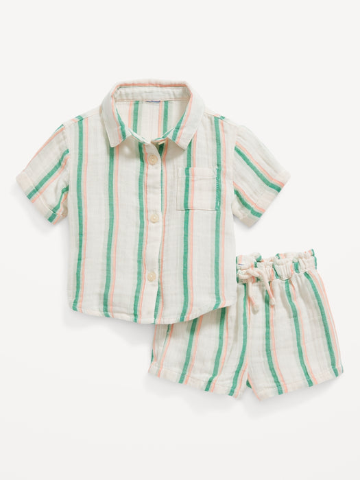 Printed Short-Sleeve Double-Weave Pocket Shirt & Shorts Set for Baby