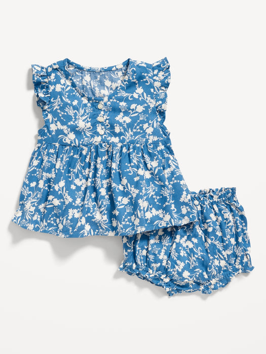 Printed Poplin Flutter-Sleeve Top & Bloomer Shorts Set for Baby