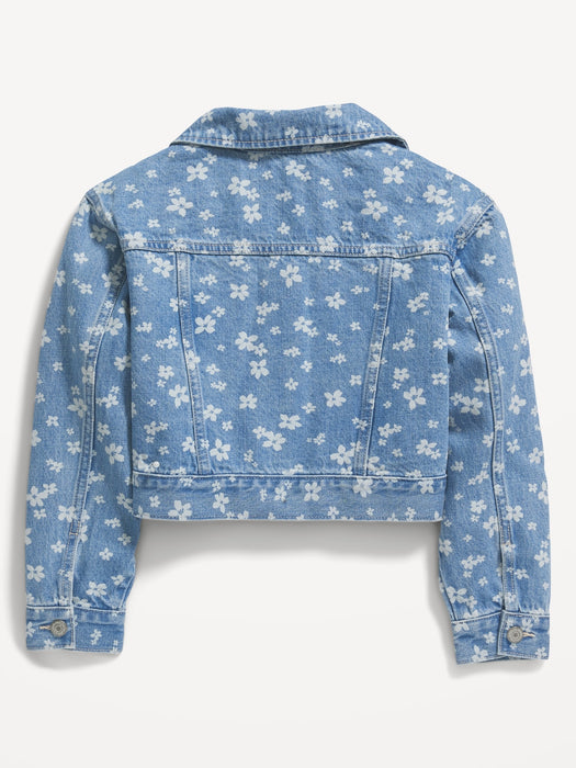 Cropped Floral-Print Jean Trucker Jacket for Girls