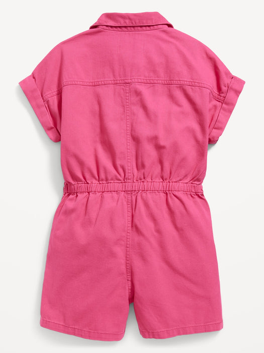 Short-Sleeve Cinched-Waist Twill Utility Romper for Girls