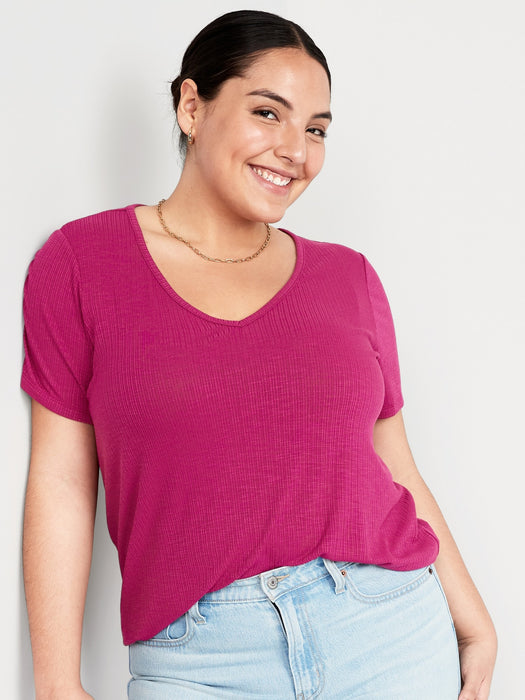 Luxe V-Neck Ribbed Slub-Knit T-Shirt for Women
