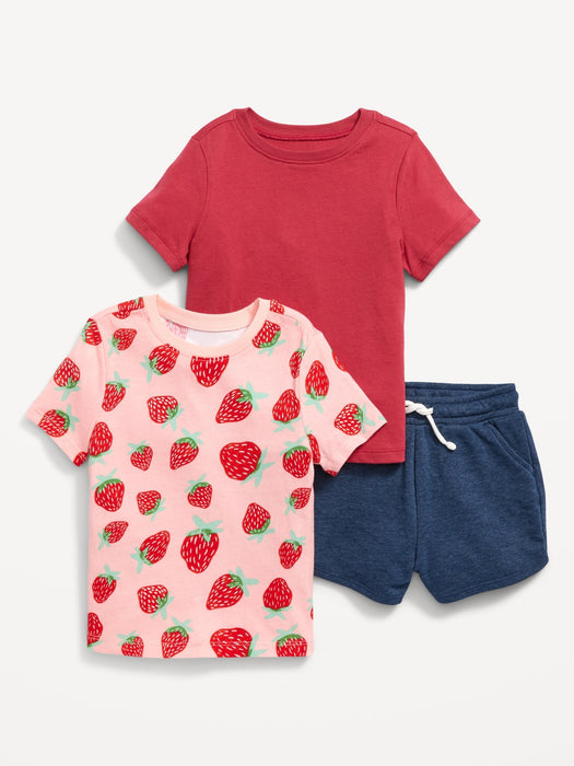 Solid T-Shirt, Printed T-Shirt & French Terry Pull-On Shorts 3-Pack for Toddler Girls