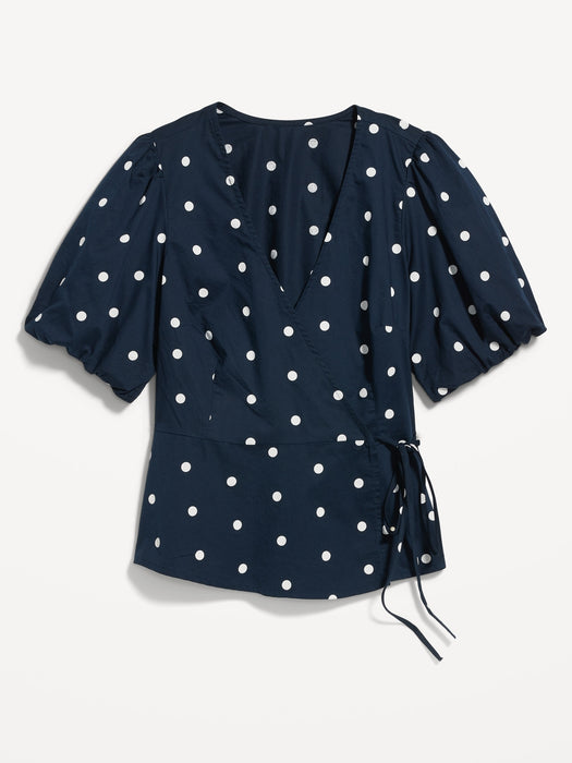 Waist-Defined Puff-Sleeve Tie-Wrap Blouse for Women