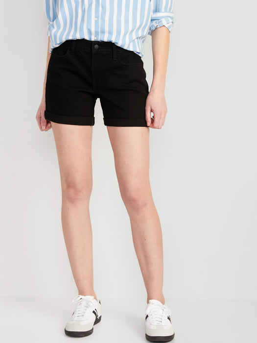 Mid-Rise Wow Black-Wash Jean Shorts for Women -- 5-inch inseam