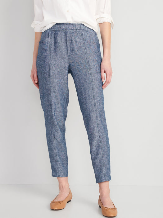 High-Waisted Chambray Cropped Linen-Blend Tapered Pants for Women