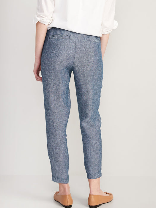 High-Waisted Chambray Cropped Linen-Blend Tapered Pants for Women