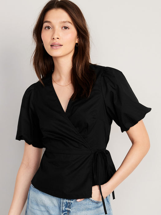 Waist-Defined Puff-Sleeve Tie-Wrap Blouse for Women