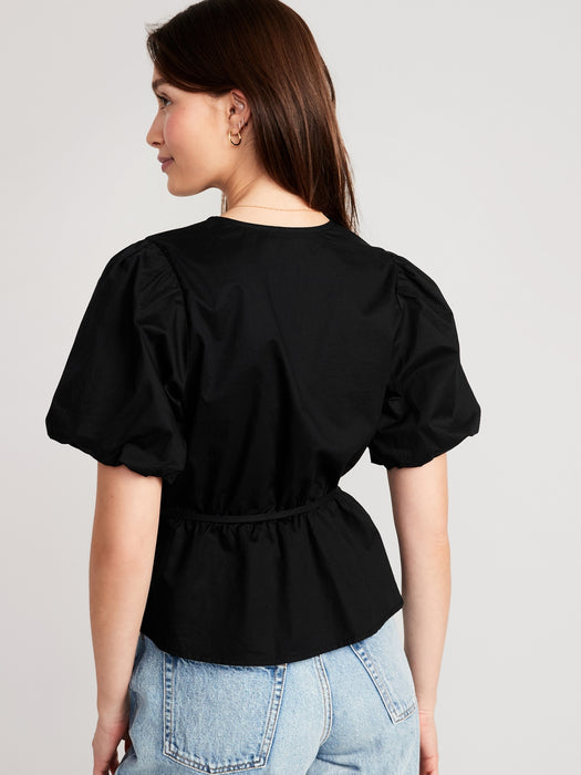 Waist-Defined Puff-Sleeve Tie-Wrap Blouse for Women
