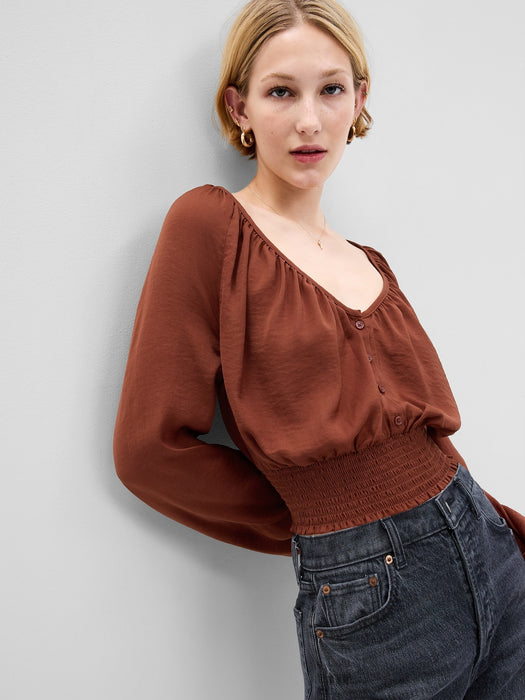 Button-Front Smocked Hem Top