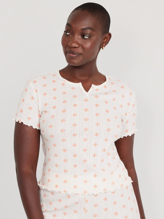 Split-Neck Pointelle-Knit Pajama T-Shirt for Women