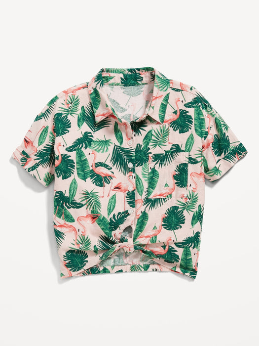 Matching Short-Sleeve Cropped Linen-Blend Tie-Front Top for Girls