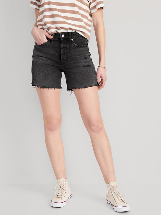 High-Waisted Button-Fly O.G. Straight Ripped Side-Slit Jean Shorts for Women -- 5-inch inseam