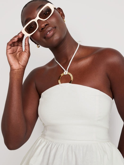 Linen-Blend O-Ring Halter Romper for Women -- 3-inch inseam