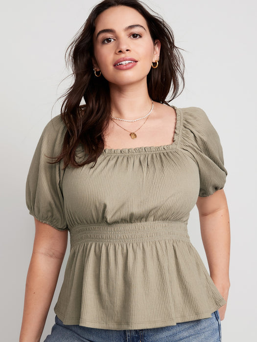 Puff-Sleeve Smocked Babydoll Blouse for Women