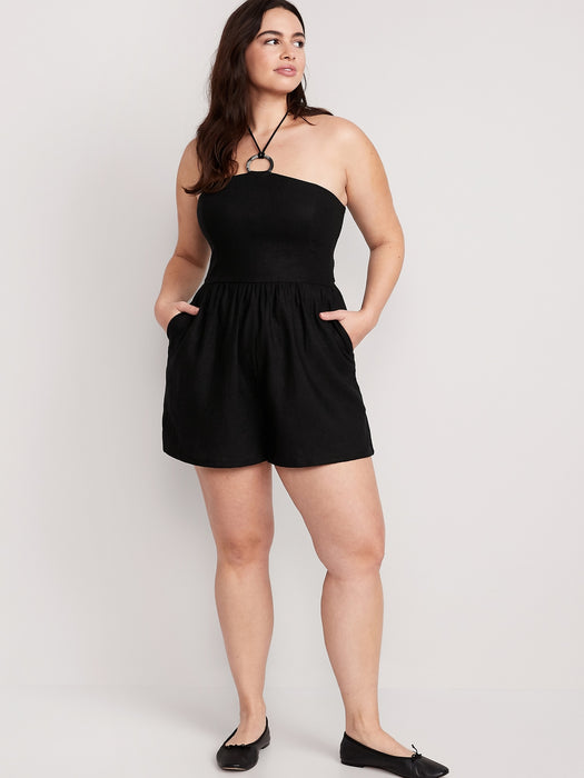 Linen-Blend O-Ring Halter Romper for Women -- 3-inch inseam