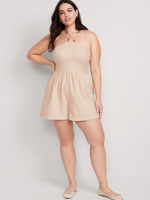 Linen-Blend O-Ring Halter Romper for Women -- 3-inch inseam