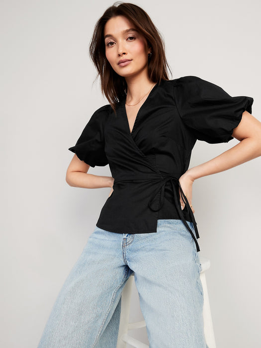 Waist-Defined Puff-Sleeve Tie-Wrap Blouse for Women