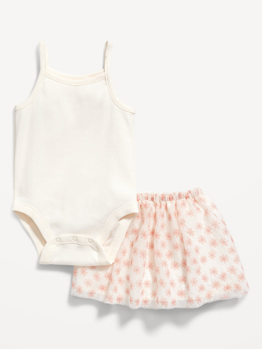 Sleeveless Rib-Knit Bodysuit & Printed Tulle Tutu Skirt Set for Baby