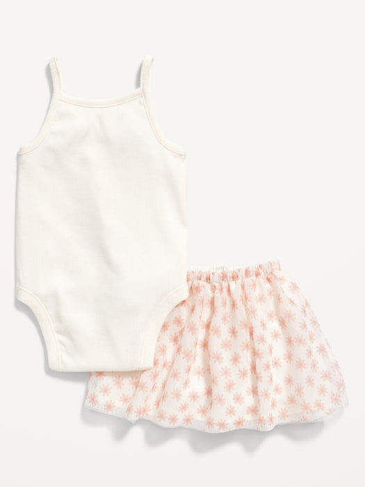 Sleeveless Rib-Knit Bodysuit & Printed Tulle Tutu Skirt Set for Baby
