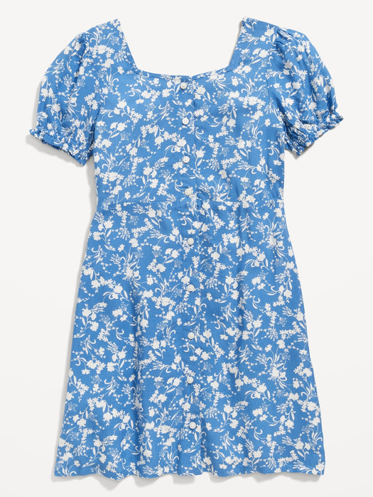 Puff-Sleeve Button-Front Fit & Flare Dress for Girls