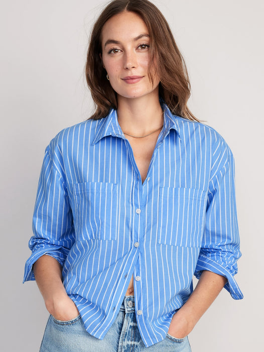 Striped Cropped Utility Boyfriend Shirt for Women