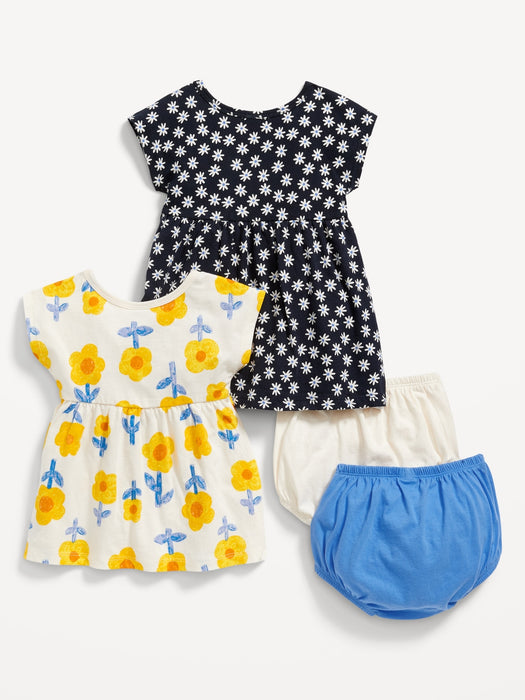 Jersey-Knit Dolman-Sleeve Dress & Bloomer Shorts 4-Piece Set for Baby