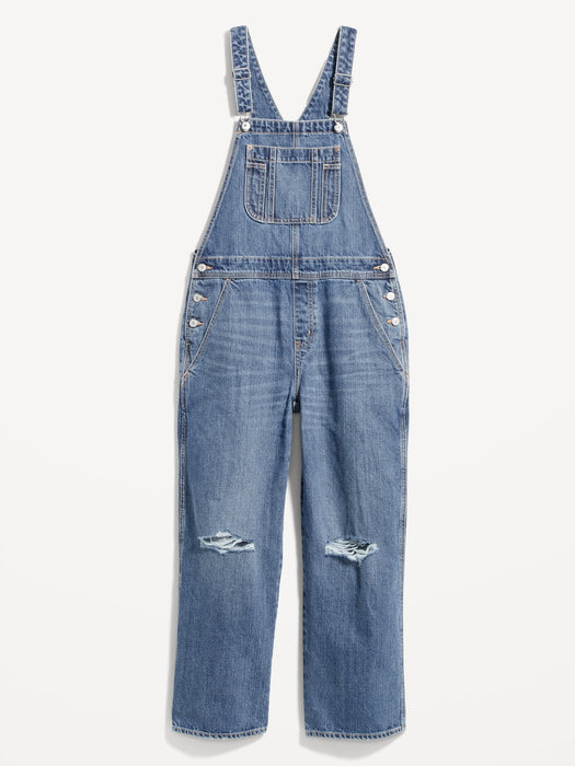 Baggy Wide-Leg Non-Stretch Ripped Jean Overalls for Women