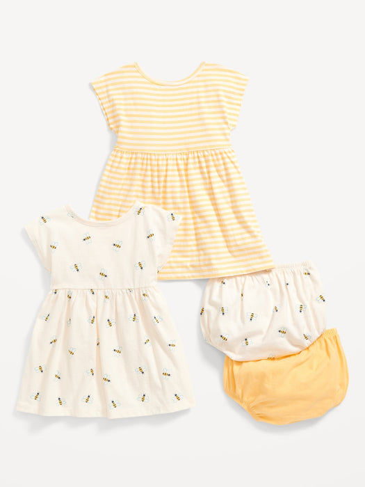 Jersey-Knit Dolman-Sleeve Dress & Bloomer Shorts 4-Piece Set for Baby