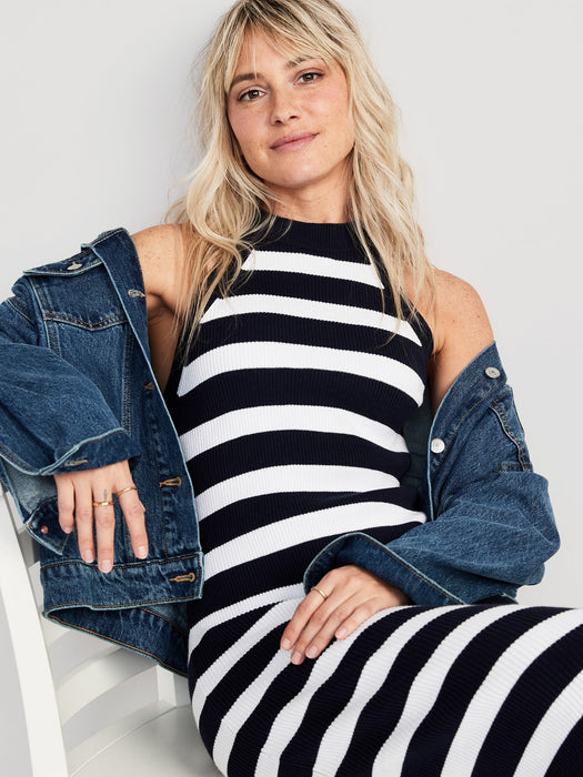 Fitted Striped Sleeveless Rib-Knit Midi Sweater Dress for Women