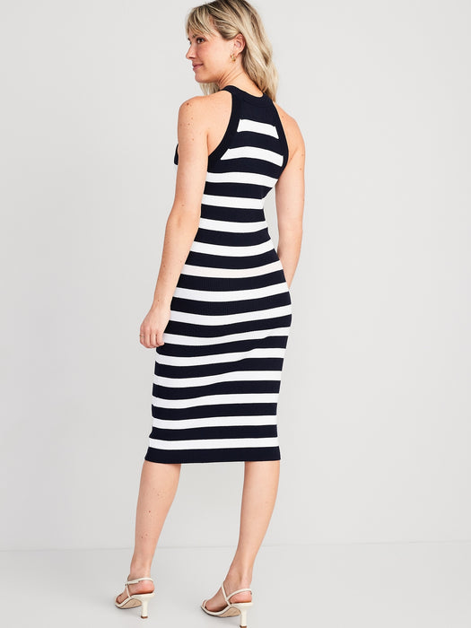 Fitted Striped Sleeveless Rib-Knit Midi Sweater Dress for Women