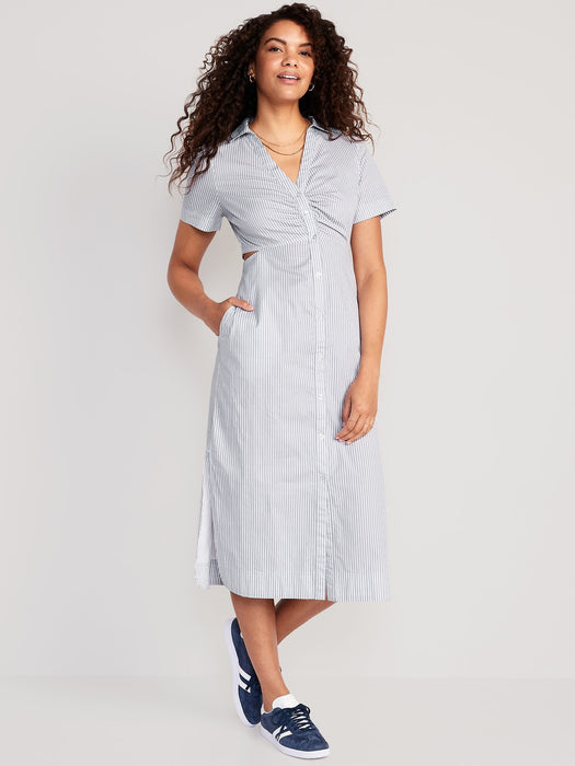 Striped Cutout Midi Shirt Dress for Women