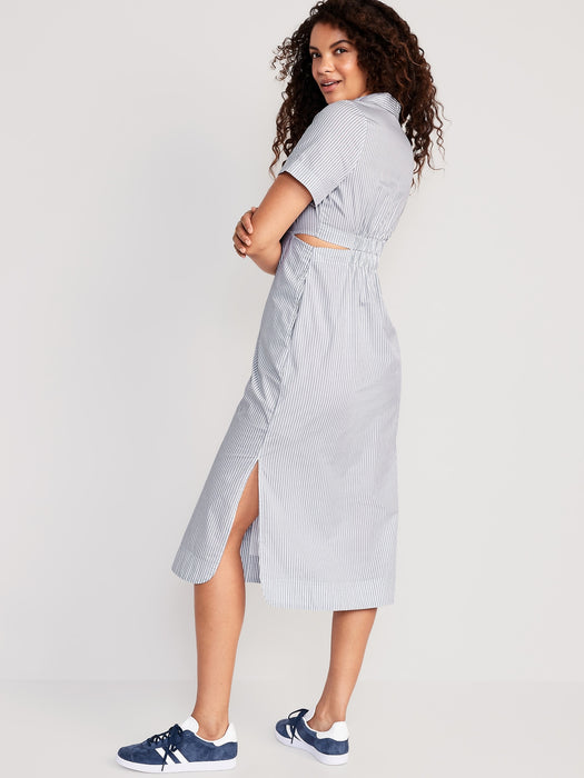Striped Cutout Midi Shirt Dress for Women