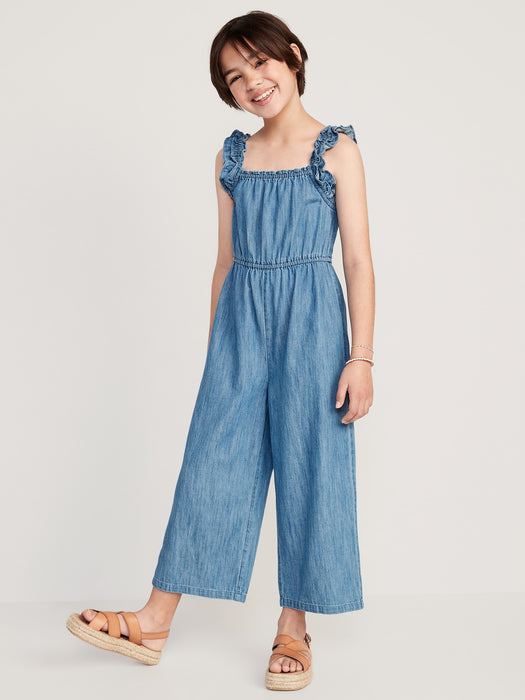 Sleeveless Chambray Ruffle-Trim Jumpsuit for Girls