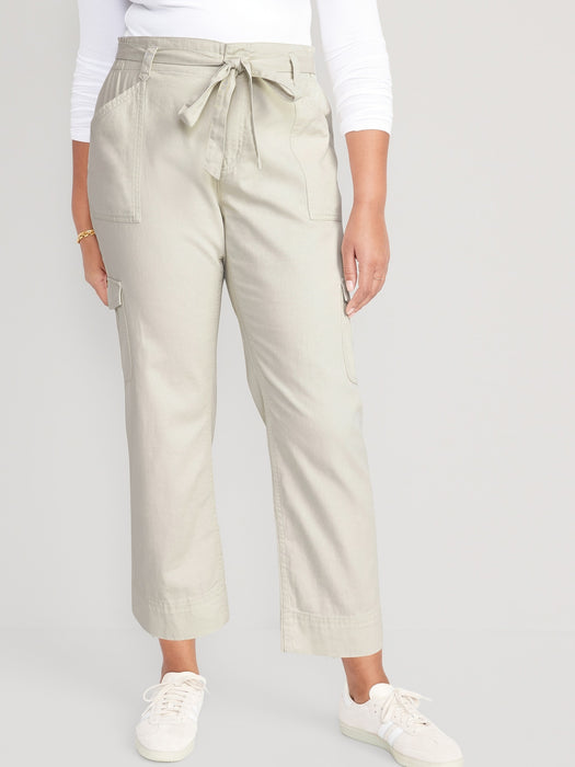 High-Waisted Tie-Belt Cargo Straight Workwear Ankle Pants for Women