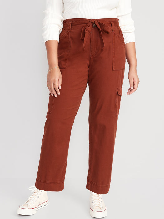 High-Waisted Tie-Belt Cargo Straight Workwear Ankle Pants for Women