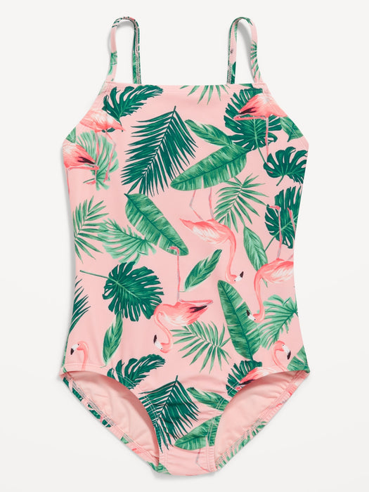 Printed Square-Neck Lattice-Back One-Piece Swimsuit for Girls