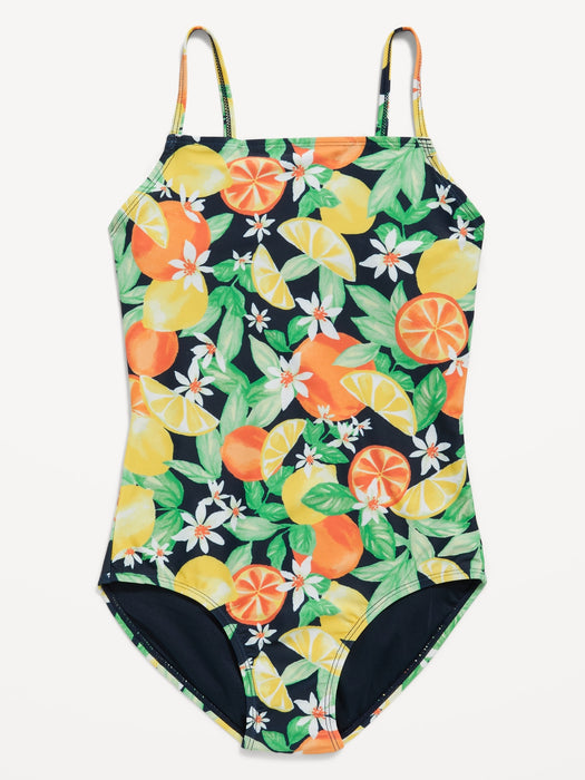 Printed Square-Neck Lattice-Back One-Piece Swimsuit for Girls