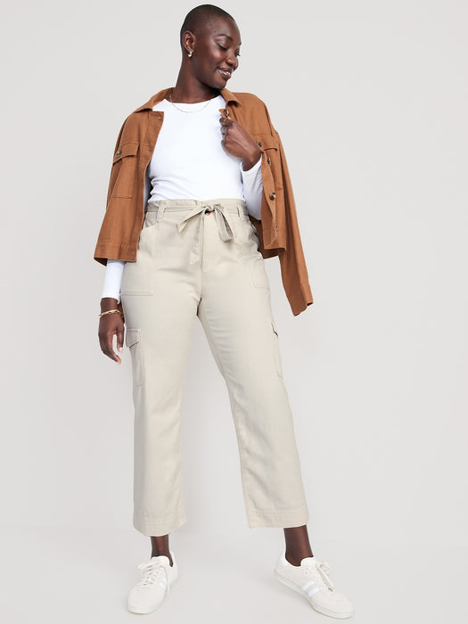 High-Waisted Tie-Belt Cargo Straight Workwear Ankle Pants for Women