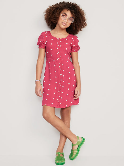 Puff-Sleeve Button-Front Fit & Flare Dress for Girls