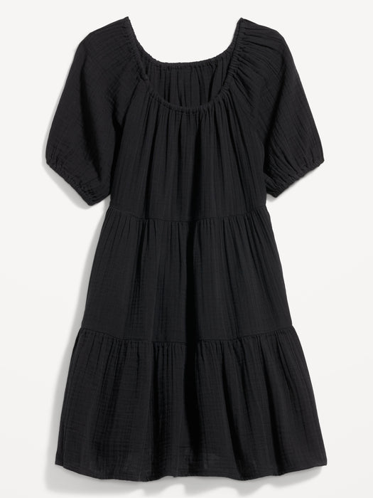 Puff-Sleeve Tiered Mini Swing Dress for Women