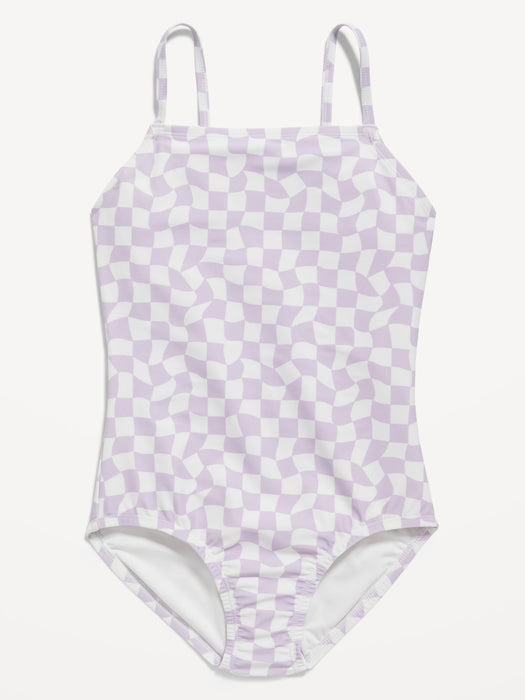 Printed Square-Neck Lattice-Back One-Piece Swimsuit for Girls