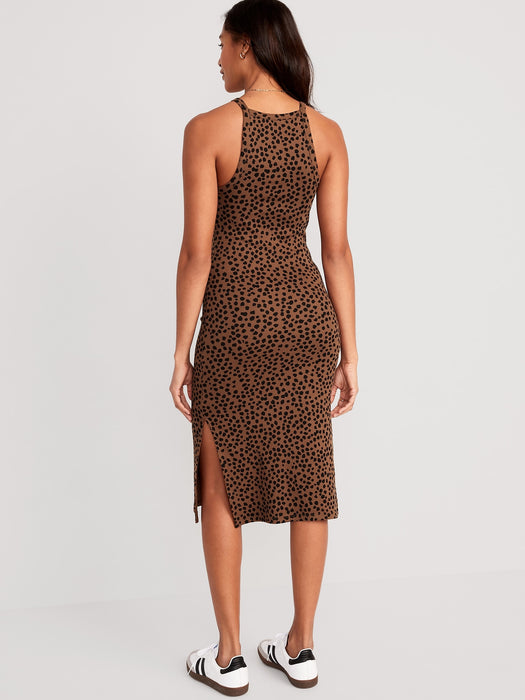 Fitted Leopard-Print Sleeveless Rib-Knit Midi Dress for Women