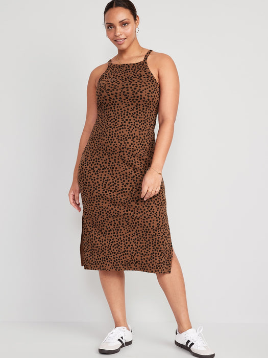 Fitted Leopard-Print Sleeveless Rib-Knit Midi Dress for Women