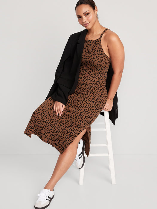Fitted Leopard-Print Sleeveless Rib-Knit Midi Dress for Women