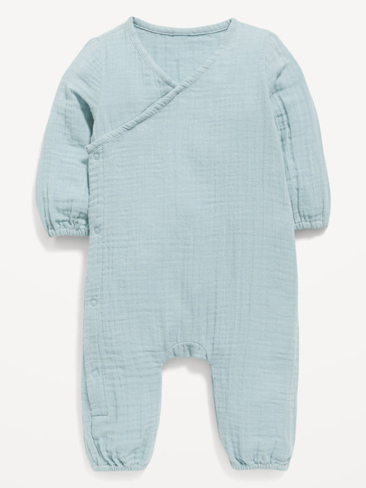 Unisex Long-Sleeve Double-Weave Wrap-Front One-Piece for Baby