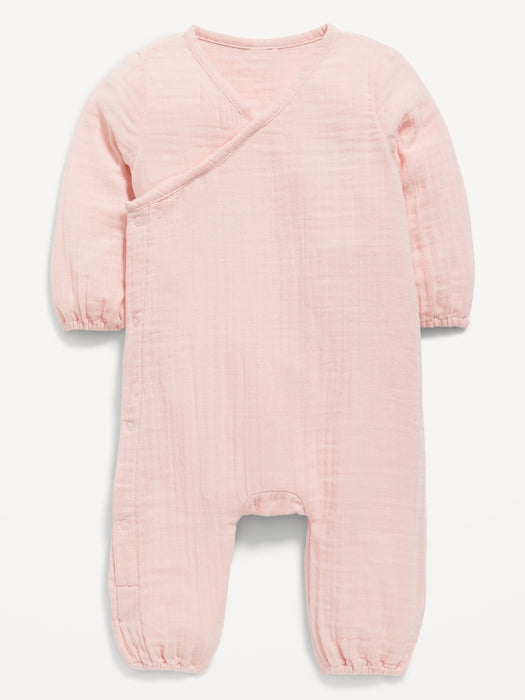Unisex Long-Sleeve Double-Weave Wrap-Front One-Piece for Baby