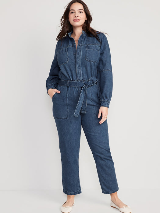 Collarless Jean Utility Jumpsuit for Women