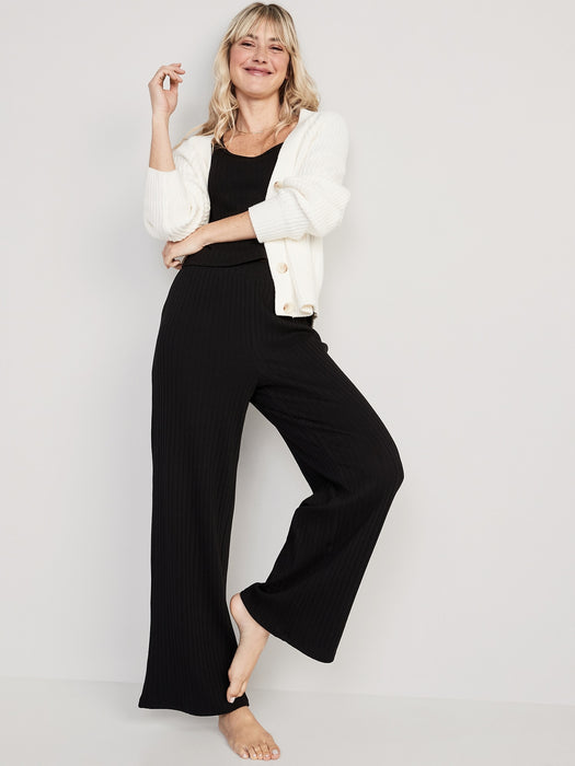 High-Waisted Rib-Knit Wide-Leg Pajama Pants for Women